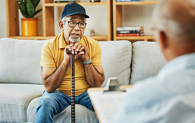 Image showing Doctor, consultation and senior man on sofa with walking stick or discussion of physical therapy and checklist. Therapist, consulting and talking to elderly patient on couch in rehabilitation office