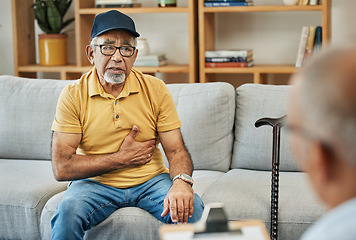 Image showing Consulting, doctor and senior man on sofa in therapy with walking stick for counselling discussion with checklist of pain. Elderly patent, talking and therapist for anxiety or mental health service