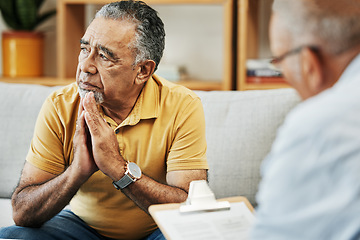 Image showing Elderly man talking to a psychologist at a mental health, psychology and therapy clinic for session. Psychological therapist with clipboard for counseling checklist with senior male patient in office