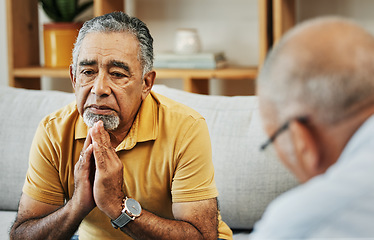 Image showing Stressed senior man talking to a psychologist at mental health, psychology and therapy clinic for session. Therapist with clipboard for counseling checklist with elderly male patient in modern office