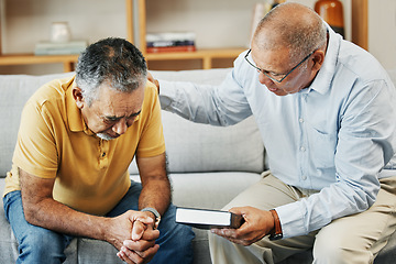 Image showing Men, home and bible with prayer for faith, jesus and worship, pastor and church with counselling. Elderly men, diversity and spiritual guidance for grief with loss and depression with hope in god