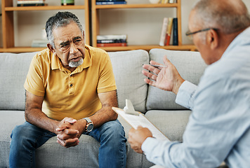 Image showing Senior man talking to a psychologist at a mental health, psychology and therapy clinic for session. Psychological therapist with clipboard for counseling checklist with elderly male patient in office