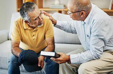 Image showing Men, home and bible with support for faith, worship and prayer by pastor, church or jesus christ. Elderly men, diversity and spiritual guidance for grief with loss and depression with hope in god