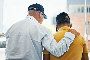 Image showing Help, back and men for support, conversation and comfort in retirement for depression. Anxiety, kindness and friends or people with a discussion, talking or a problem together with empathy and sad
