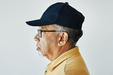 Image showing Face, old man and thinking in studio with profile for vision, retirement and ideas on white background. Person, serious and expression for wellness, remember and memory or reflection on old life