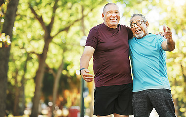 Image showing People, retired and workout for wellness in closeup at park in embrace, smile and laughing at joke. Mature, men or friends with happiness in bond, activity or exercise for change, health or fitness