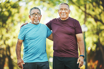 Image showing Mature men, friends or workout together in park, hug or smile for wellness, exercise or cardio health. Happiness, sportswear and strong for fitness, sport and train for retirement, strength or energy