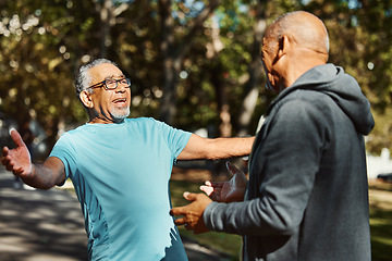 Image showing Smile, senior friends and hug at park outdoor, care and bonding together in meeting. Happy elderly men embrace in nature, reunion of connection and excited people greeting in garden for retirement