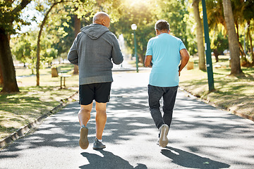 Image showing Friends, walking and senior men in park for wellness, health and wellbeing for energy in retirement, Fitness, workout and back of mature people in nature for exercise, training and cardio together