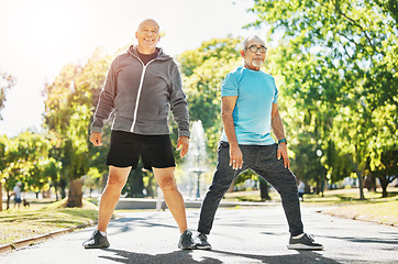 Image showing Happy senior man, friends and stretching in nature for workout, training or outdoor exercise together. Mature people in body warm, preparation or getting ready for cardio, running or fitness at park