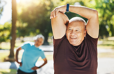 Image showing Happy senior man, stretching and fitness in park for running, exercise or outdoor training in nature. Mature male person in body warm up, arm stretch or preparation for cardio workout or wellness