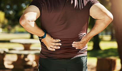 Image showing Sports man, park and back pain from fitness training injury or running workout accident outdoors. Active person, hurt spine muscle or injured male athlete with an exercise emergency on in nature