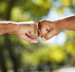 Image showing Man, friends and fist bump in nature for motivation, teamwork or support in trust or unity. Closeup of people touching hands for partnership, friendship or team greeting in deal or agreement at park