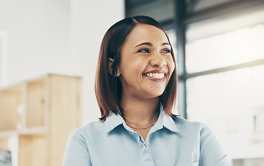 Image showing Thinking, smile and business woman with ideas and happy with strategy for workplace, company or career opportunity. Happy, professional and confident employee with ambition for startup mission