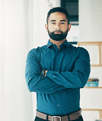 Image showing Portrait, serious and business man with arms crossed in office, startup company and workplace for creative career. Face, professional entrepreneur and confident designer, employee or worker in Brazil