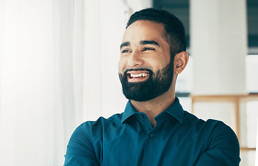 Image showing Business, thinking and man with ideas, solution and problem solving with a startup, smile and planning. Person, employee and entrepreneur with happiness, decision and choice with a mindset and future