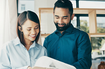 Image showing Business people, smile and clipboard for collaboration, partnership or project management in office. Professional. man and woman with documents or paperwork for meeting or recruitment at workplace