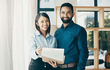 Image showing Business, man and woman with clipboard for collaboration, partnership or project management in office with smile. Professional. people and documents with paperwork for meeting or recruitment at work