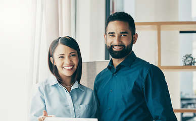 Image showing Business people, portrait and smile for collaboration, partnership or project management in office. Professional. man and woman with documents or paperwork for meeting or recruitment at workplace