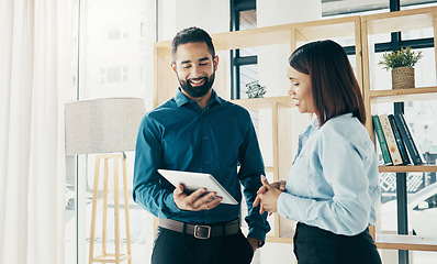 Image showing Business people, smile and tablet for planning, partnership or project management in office. Professional. man and woman with touchscreen or happiness for meeting or recruitment at workplace or job