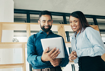 Image showing Business people, smile and tablet for collaboration, communication or partnership in company office. Professional, man and woman with touchscreen or planning for meeting or recruitment at workplace