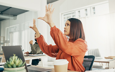 Image showing Futuristic, invisible screen and business woman in office for user interface, 3d hologram and ux mockup. Laptop, corporate and person at desk with hands for research, online website or digital tech