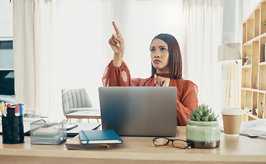 Image showing Pointing, invisible screen and business woman in office for user interface, 3d hologram and ux mockup. Futuristic, corporate and person at desk with hands for research, online website or digital tech