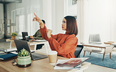 Image showing Office, invisible screen and business woman with finger for user interface, 3d hologram and ux mockup. Futuristic, corporate and person at desk with hands for research, online website or digital tech