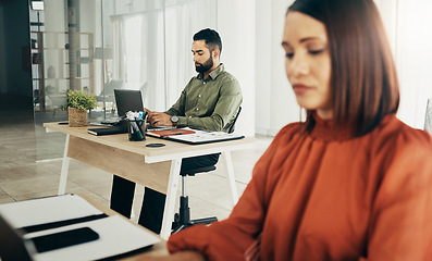 Image showing Small business, couple in home office and working together at planning startup strategy online. Coworking, man and woman at desk with laptop, networking email and internet research at digital agency.