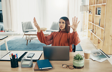 Image showing Hologram, invisible screen and business woman in office for user interface, 3d dashboard or ux mockup. Futuristic, corporate and person at desk with hands for research, online website or digital tech