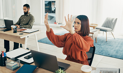 Image showing Invisible screen, laptop and business woman in office for user interface, 3d hologram and ux mockup. Futuristic, corporate and person at desk with hands for research, online website or digital tech