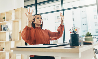 Image showing Computer, invisible screen and business woman in office for user interface, 3d hologram and ux mockup. Futuristic, corporate and person at desk with hands for research, online website or digital tech