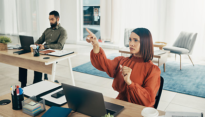 Image showing Finger, invisible screen and business woman in office for user interface, 3d hologram and ux mockup. Futuristic, corporate and person at desk with hands for research, online website and digital tech