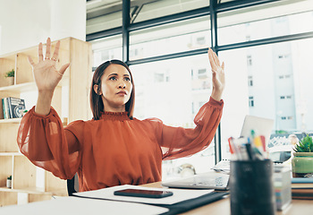 Image showing Working, invisible screen and hands of woman in office for futuristic programming, technology or ux or coding. Virtual, hologram or employee with 3d, ui or vr dashboard in workplace for ai innovation