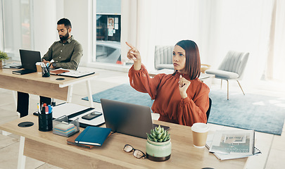 Image showing Touch, invisible screen and business woman in office for user interface, 3d hologram and ux mockup. Futuristic, corporate and person at desk with hands for research, online website and digital tech