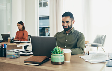 Image showing Businessman, smile and reading on laptop in office, email or planning a proposal. Happy worker, sitting and working on review or analyzing on computer, typing and insight for report and strategy