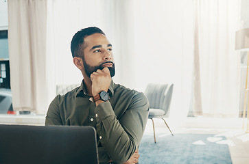 Image showing Business, thinking and man with a laptop, problem solving and decision with a startup, creativity and planning. Person, employee and entrepreneur with a pc, solution and choice with a project or idea