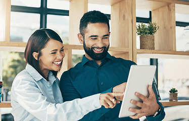 Image showing Business, man and woman with tablet for digital marketing, networking and collaboration with smile in office. Professional, people and employees with touchscreen for meeting or recruitment at work