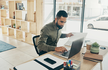 Image showing Business man, documents and laptop for taxes, finance report and company revenue or budget planning in office. Professional worker working, paperwork and computer for startup statistics or accounting