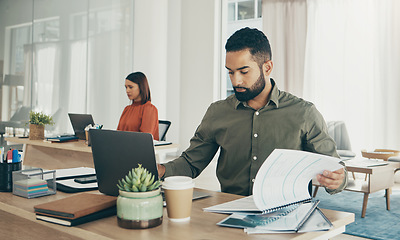 Image showing Business man, paperwork and laptop for taxes, finance report and company revenue or budget planning in startup office. Professional worker with accounting documents, computer and audit or bookkeeping