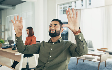 Image showing Working, invisible screen and hands of man in office for futuristic programming, technology or ux or code. Virtual, hologram or businessman with 3d, ui or vr dashboard in workplace for ai innovation