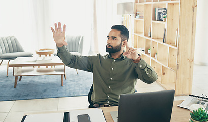 Image showing Man, office and hand up to ask for information, feedback and training with manager for project. Mexican man, communication and mentor with faq, professional knowledge and discussion on strategy plan