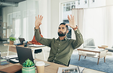 Image showing Invisible screen, office and a businessman at a desk for a hologram or virtual technology. Thinking, planning and a corporate employee with a hand gesture for research, connection or analytics