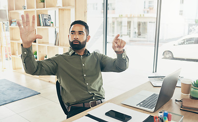 Image showing Invisible screen, reading and a businessman at a desk for a hologram or virtual technology. Thinking, planning and a corporate employee with a hand gesture for research, connection or analytics