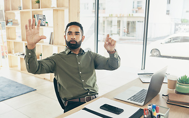 Image showing Working, invisible screen and hands of man in office for futuristic programming, technology or ux or coder. Virtual, hologram or businessman with 3d, ui or vr dashboard in workplace for ai innovation