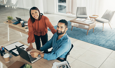 Image showing Portrait of business couple in home office, working together and planning startup strategy online. Coworking, man and woman at desk with laptop, partnership and internet research at digital agency.