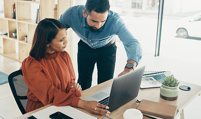 Image showing Business people, manager and teamwork on laptop for office planning, human resources collaboration or management. Professional woman and boss on computer for HR feedback, online advice and support