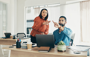 Image showing Team, invisible screen and business people press ui, futuristic and digital in startup office. Hands, man and woman click virtual touchscreen at desk on ux technology, scroll online and collaboration