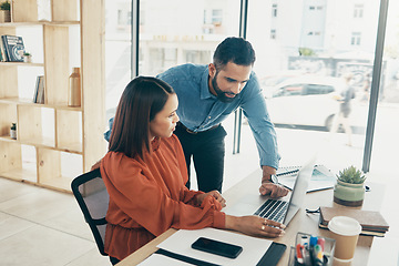 Image showing Laptop, research and couple in home office, working together and planning startup strategy online. Small business, man and woman at desk, networking on website and internet search at digital agency.