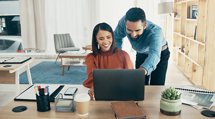 Image showing Creative people, laptop and coaching in planning, teamwork or collaboration together at office. Man helping or training woman or staff on computer in project startup, ideas or strategy at workplace